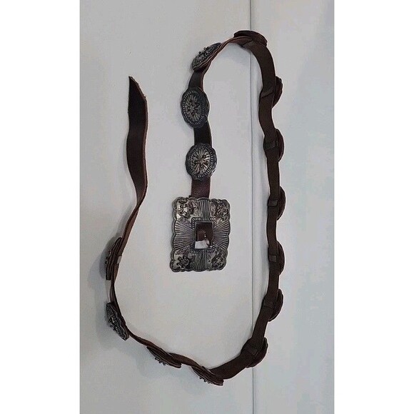 Vintage Navajo DM Sterling Silver Buckle Concho Belt Genuine Dark Brown Leather main image 10